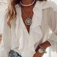 Tops cortos de verano y otoño, camisas, canalé y botones para mujer, camisa informal de manga larga con cuello en V para adultos - details 10