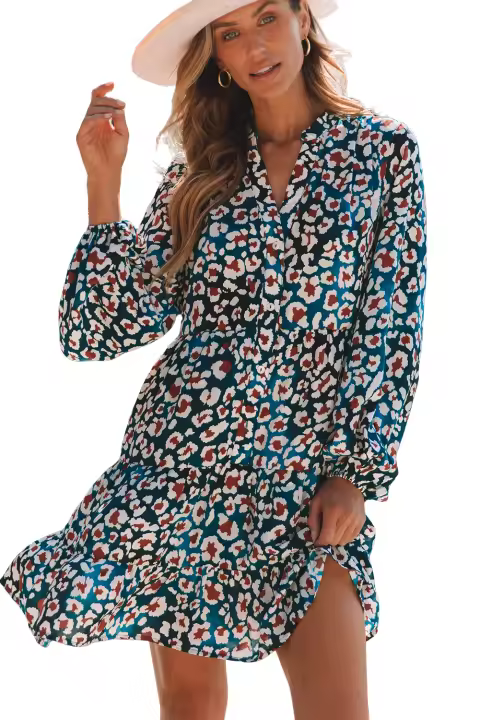 Elrachen Vestido camisero con volantes y manga de burbuja con estampado de leopardo para mujer, azul, tallas S-XL - 1