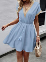 DamasVVestido de manga larga con cuello de linternas, vestido de camisa de longitud media con borla, cinturón, Vestido de playa - details 4