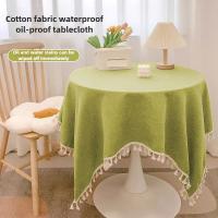 Mantel Redondo Impermeable Antimanchas con Flecos Estilo Rústico Elegante para Mesa de Centro o Comedor Decoración Campestre Moderna Fácil Limpieza (Algodón y Lino) - details 1