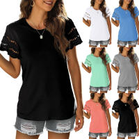 2025 verano de las mujeres nueva camiseta de manga corta con empalme de encaje top de cuello redondo - details 0
