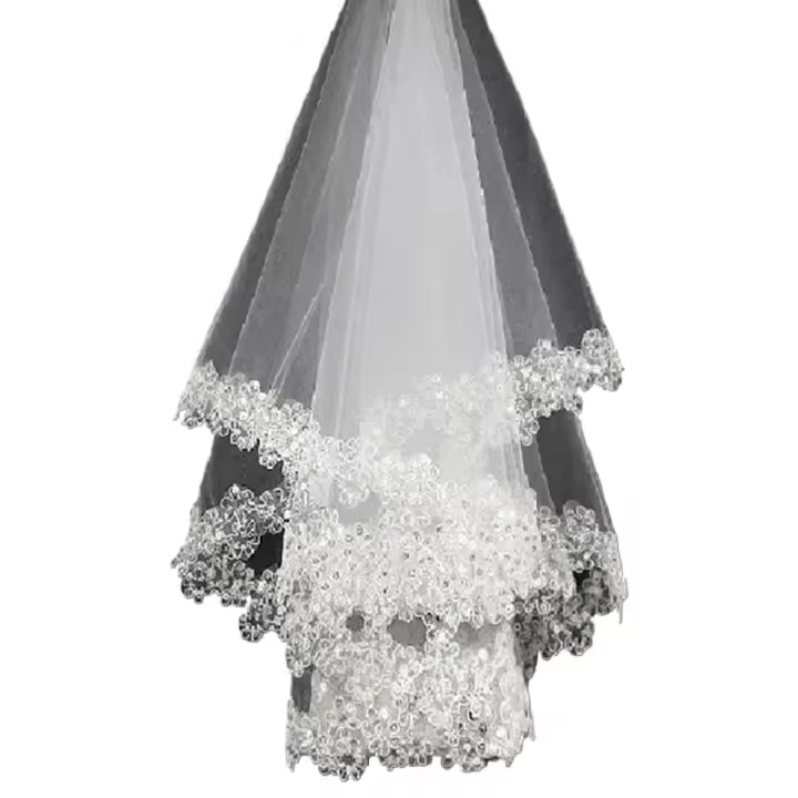 Velos de novia de tul con borde de lentejuelas blancas, velos de novia de un nivel con cuentas de 120cm, accesorio para novia 2025 - 1