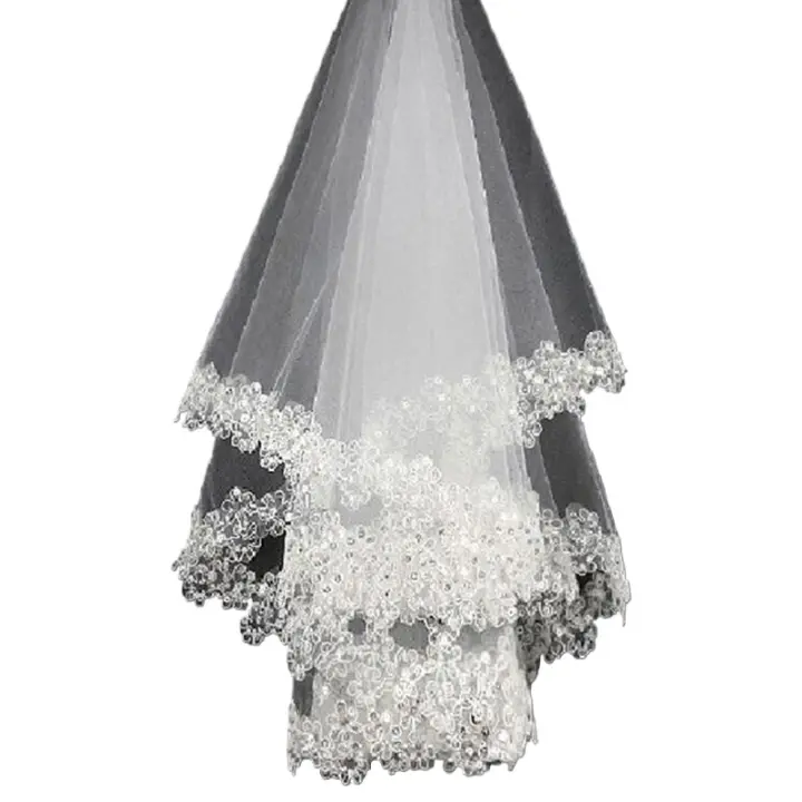 Velos de novia de tul con borde de lentejuelas blancas, velos de novia de un nivel con cuentas de 120cm, accesorio para novia 2025 - 1