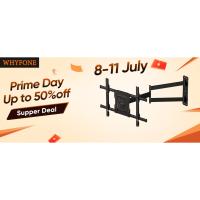 Anuncio de soporte de pared para TV que muestra la promoción «Prime Day con hasta un 50% de descuento» para las fechas del 8 al 11 de julio con elementos de diseño en naranja y blanco.