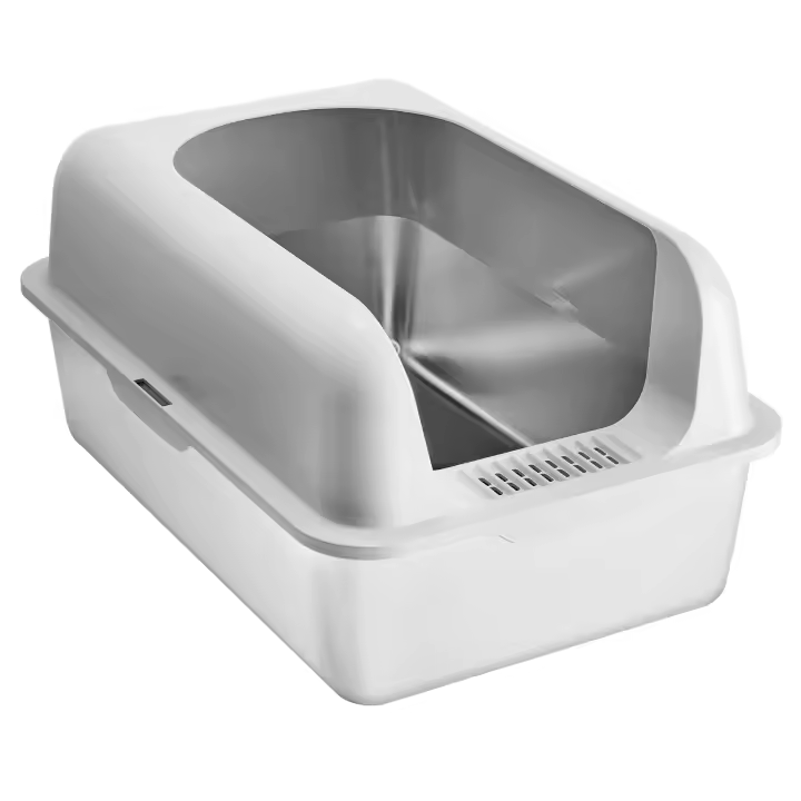 SucceBuy XL Caja de arena para gatos de acero inoxidable, 6 pulgadas de profundidad, sin olores, con estribo filtrante, pala y lados altos, fácil de limpiar, ideal para gatos grandes, capacidad de 30 litros - 1