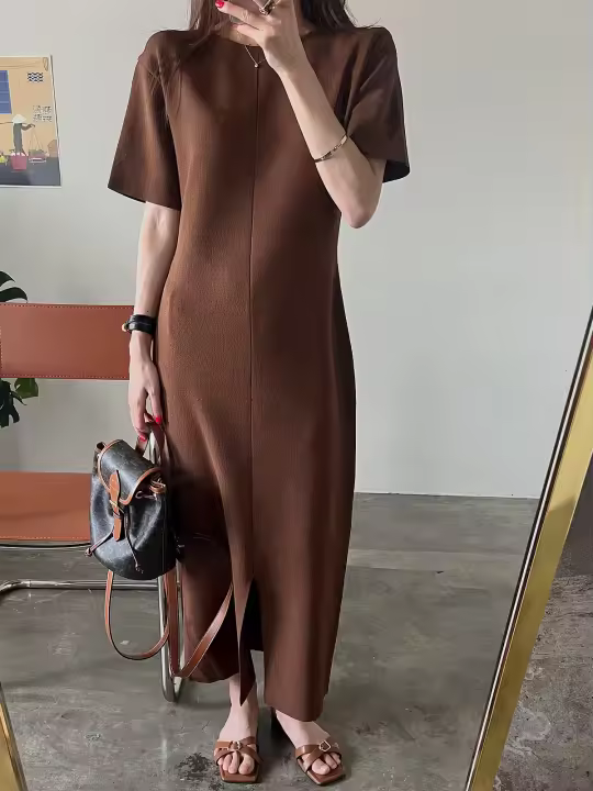 Nuevo vestido Vintage de verano para mujer, tejido de seda helada, moda coreana, cuello redondo, manga corta, informal, suelto, Vestidos largos con abertura - 1