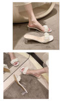 Nuevo estilo de hadas transparente tacón grueso cabeza cuadrada zapatillas frescas plisadas zapatillas de tacón alto de verano mujer - details 9