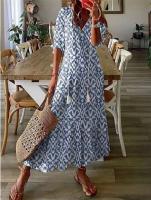 Vestido largo bohemio de verano para mujer, vestidos Vintage con estampado ral y manga con cuello en V, vestido de playa holgado informal con cordón para mujer - details 3