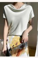 Camisetas de Seda para Mujer Cuello Redondo, Manga Corta, Color Sólido, Top Suelto, Jersey 5XL - details 5