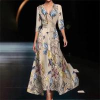 Vestido Maxi Bohemio Vintage Para Mujer Elegante Y Sexy Con Estampado Floral A-Line Manga Corta Cintura Ajustada Fiesta - details 4