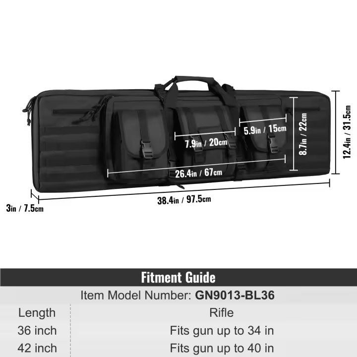 SucceBuy Bolsa táctica para rifle de 36 pulgadas, estuche blando para pistola de doble largo con cremallera bloqueable, asa portátil y correa para el hombro, 3 bolsillos de almacenamiento grandes para dos rifles de 34" y 2 pistolas, negro - 1