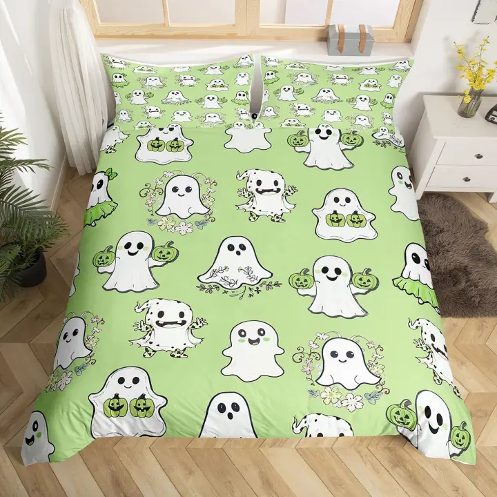 Cubierta de Edredón de Poliéster con Tema de Halloween Juego de Cama Amarillo con Fantasmas y Lámpara de Calabaza Floral - 1