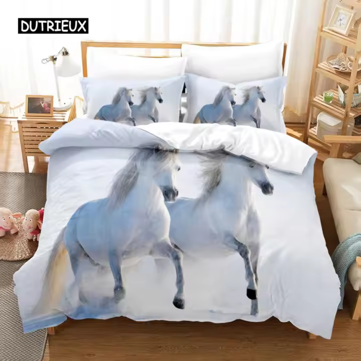 Juego de cama de caballo 3D de lujo, juego de funda nórdica doble Queen King de Europa, cómoda funda de edredón de caballo con animales - 1