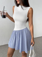 Falda corta a cuadros de empalme de comercio exterior vestido de cuello alto sin mangas Y2K para mujer - details 4
