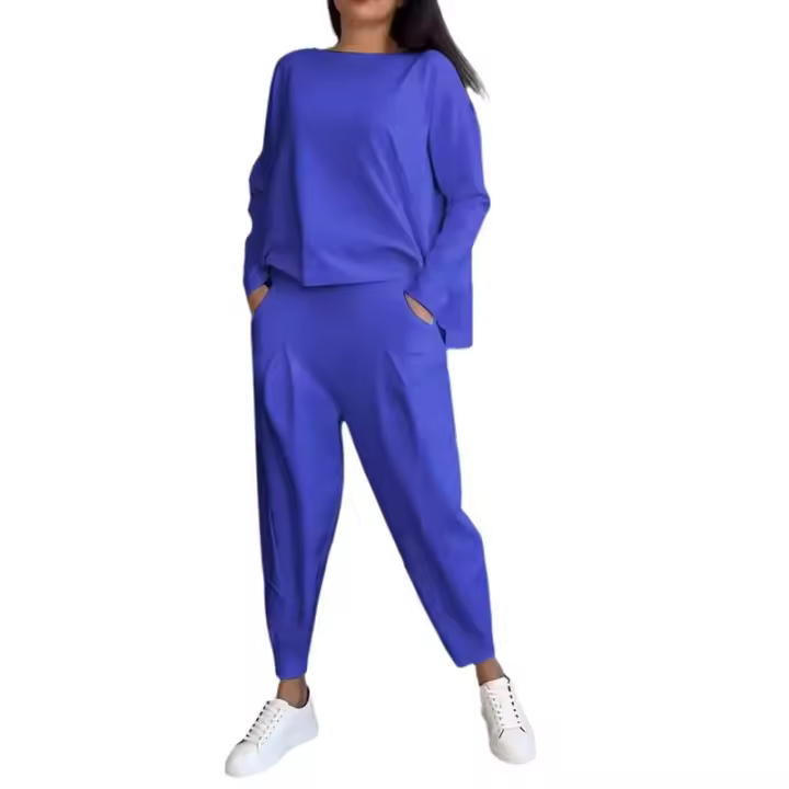 Nuevo Conjunto de manga de cuello redondo de Color sólido para mujer con pantalones largos - 1