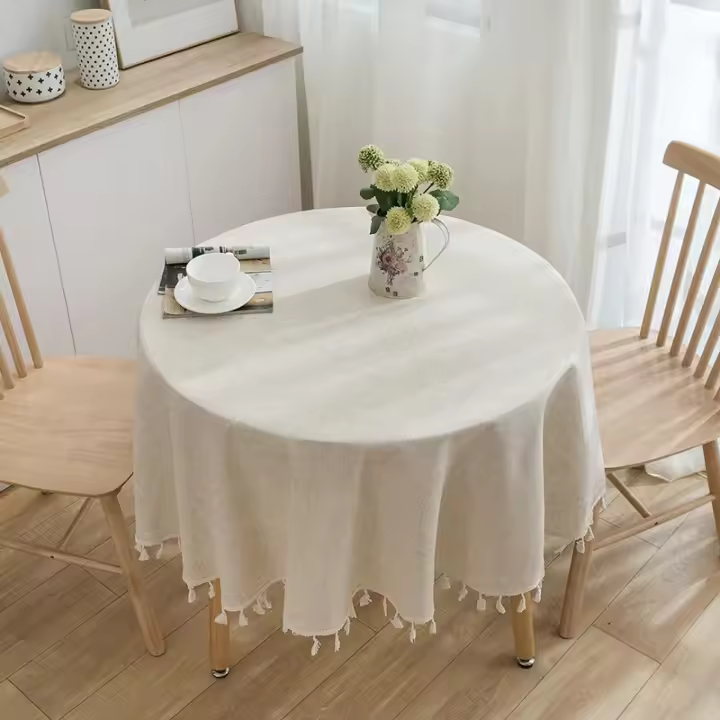 Mantel Redondo de Algodón con Borlas Cubierta de Mesa a Prueba de Polvo para Cocina y Comedor - 1
