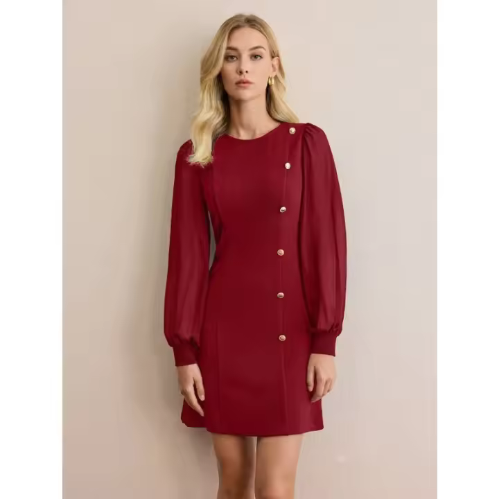 Manga larga de color liso para mujer de principios de primavera con hebillas para uñas y cuello redondo - 1