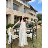 Vestido largo romántico con bordado de industria pesada, tirantes, cuello en V, falda de hadas, falda para vacaciones en la isla - details 6