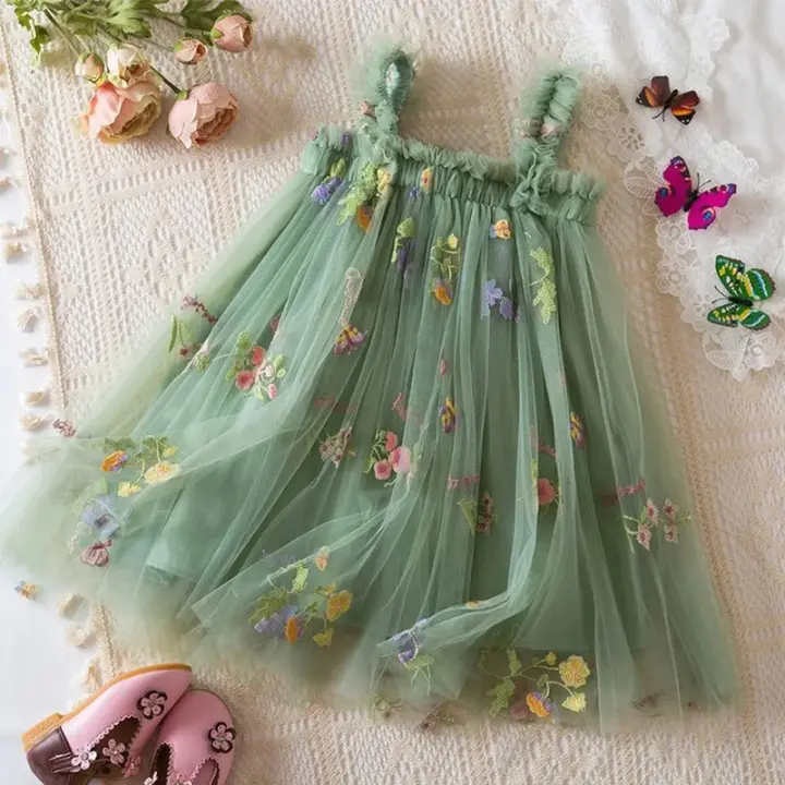 Vestido de malla para niña, niña de verano cubierto con bordado de flores, malla con tirantes verdes, vestido de princesa de playa - 1