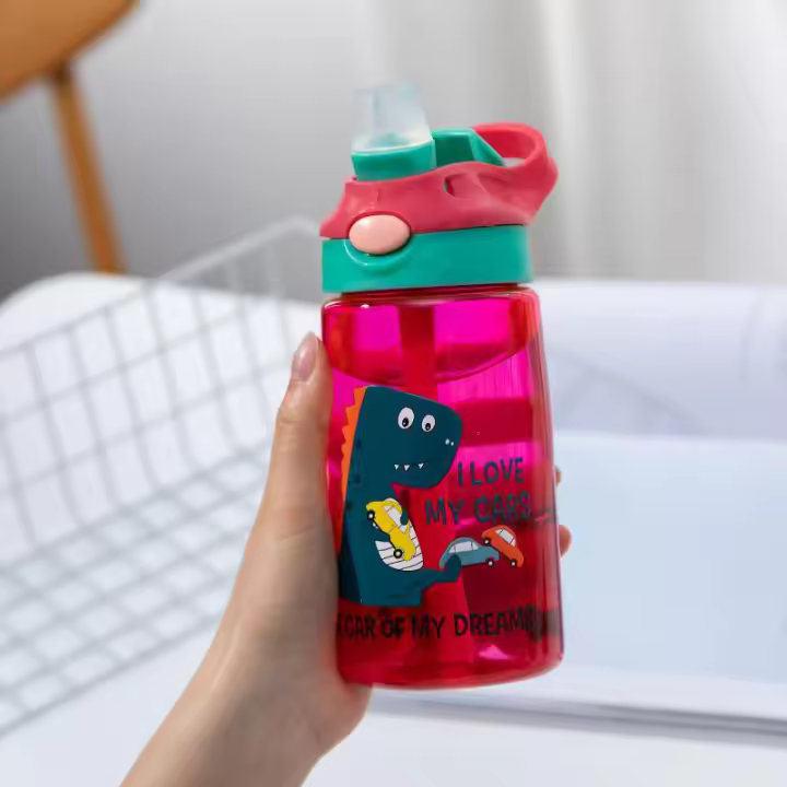 Botella de agua con pajita de silicona y tapa a prueba de derrames para niños, taza de dibujos animados de dinosaurio lindo, botella portátil escolar sin BPA - 1