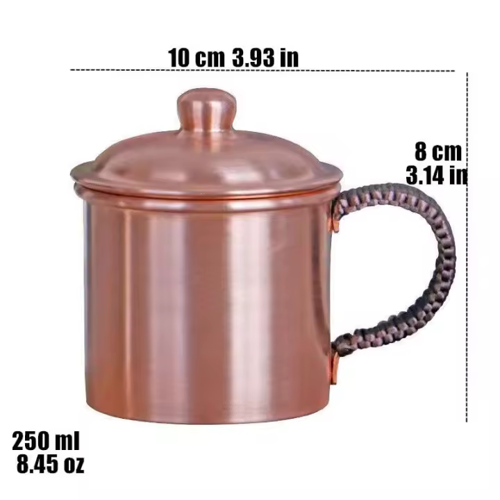 Taza de Cerveza de Cobre Puro Hecha a Mano Taza de Desayuno para Parejas con Tapa, Mango Tejido, Pulido Engrosado 250ml Arte en Cocina y Comedor - 1