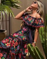 Vestido Largo para Mujer Verano 2025 Escote Palabra de Honor con Estampado de Flores Rojas - details 26