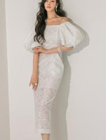 BGTEEVER-vestido ceñido con manga abombada para mujer, prenda elegante con abertura en la cadera, cuello de barco, cintura ajustada, Verano - details 3