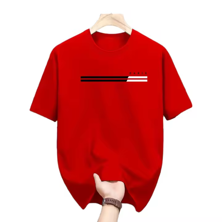 Camiseta casual de cuello redondo para hombre con estampado de letras de París, tejido de punto 100% poliéster, ligero estiramiento, camiseta de manga corta de verano, top moderno y versátil para adultos - 1