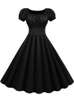 Vestido midi elegante liso de fiesta vintage informal con manga abombada de verano para mujer - details 14