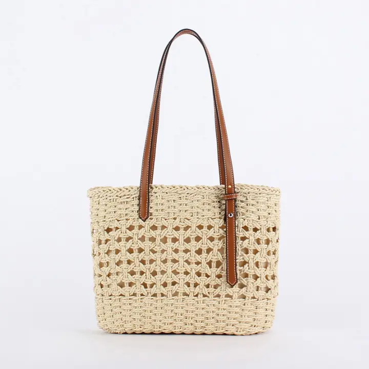 Bolso de paja hueco francés, tejido a mano, bolso de hombro para vacaciones en la playa, gran capacidad, versátil de color sólido - 1