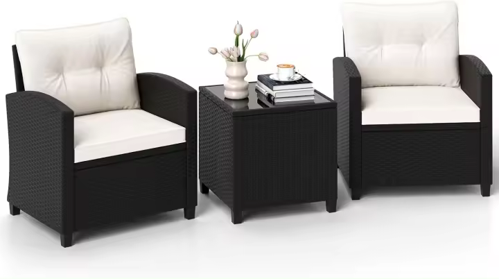 Conjunto de Muebles de Jardín, 3 Piezas de Ratán para Exterior, 2 Sillones con Cojines y 1 Mesa de Panel de Vidrio, Mesa y Silla para Terraza, Jardín, Patio (Marrón Oscuro) - 1