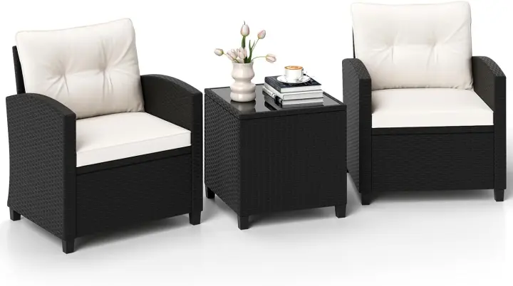 Conjunto de Muebles de Jardín, 3 Piezas de Ratán para Exterior, 2 Sillones con Cojines y 1 Mesa de Panel de Vidrio, Mesa y Silla para Terraza, Jardín, Patio (Marrón Oscuro) - 1