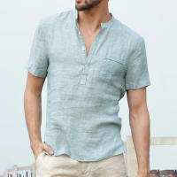 Novedad de verano, superventas, camiseta de algodón y cáñamo para hombre, camisa de manga corta sencilla semiabierta con botones y cuello levantado - details 3