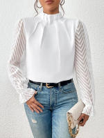 Jersey elegante de Cuello medio alto para mujer, de Color sólido Camisa de gasa, blusa de manga larga con volantes ondulados, Tops sueltos informales para mujer, novedad - details 14