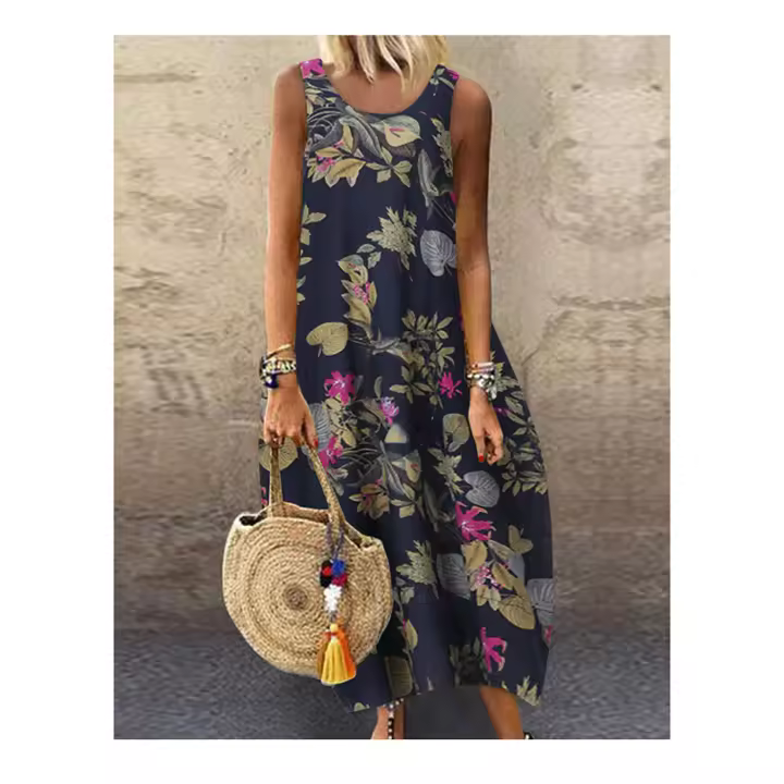 Vestido de Verano Floral Vestido Lanterna de Cuello Redondo de Lino y Algodón para Mujeres - 1
