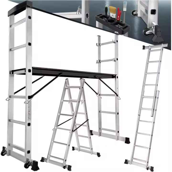 Escalera Plegable de Aluminio 4 en 1: Escalera Extensible, Escalera de Tijera, Andamio Simple, Andamio para Desniveles con Ruedas Estable, Carga Máx. 150 kg - 1