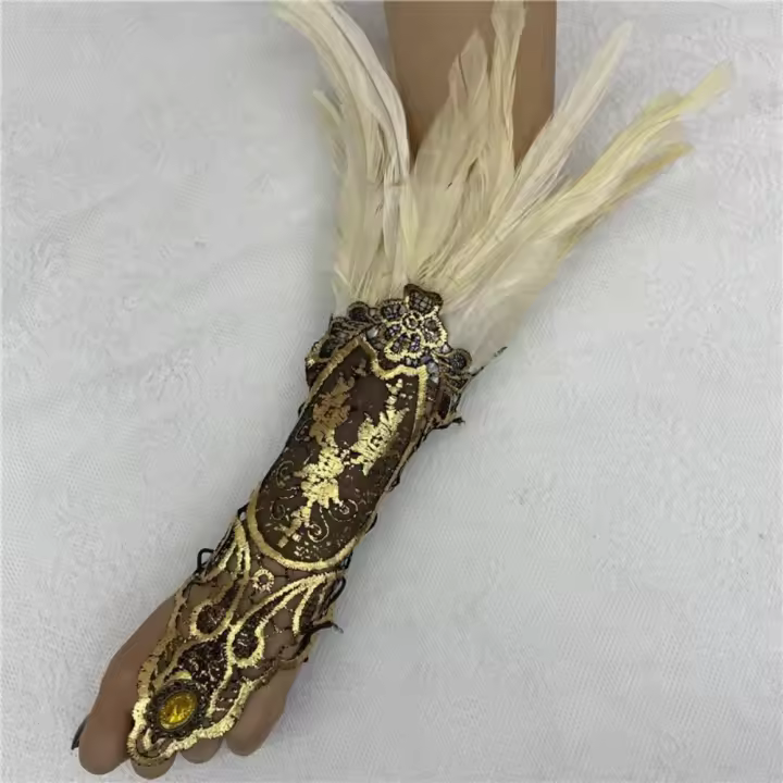 Guantes de plumas de bruja para Halloween, guantes góticos Retro de encaje de plumas para mujer, bordado, puños de plumas para Halloween y Festival - 1