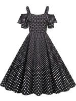 Vestido de fiesta Vintage elegante con hombros descubiertos, vestidos Midi de línea A con volantes y lunares de verano para mujer - details 35