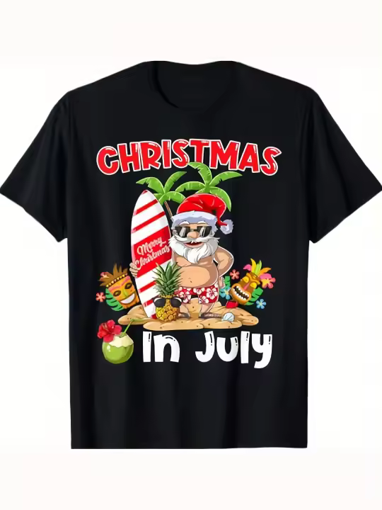 Divertida Navidad en julio Santa Surfing Summer Tiki Bar Camiseta Regalo para papá Manga corta con cuello redondo suave y cómoda - 230 g - 1
