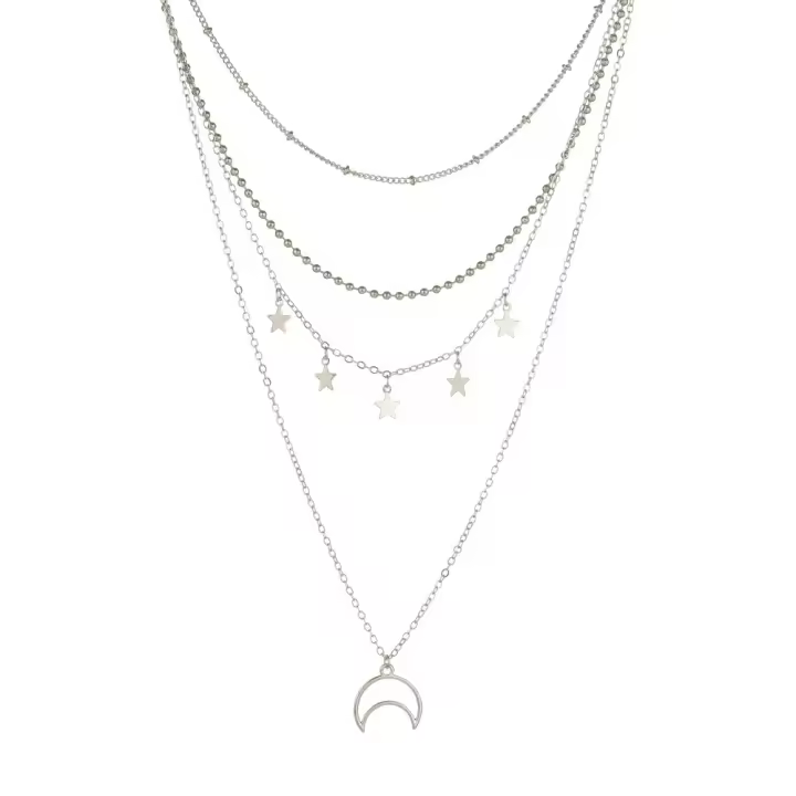 Collar bohemio simple de plata hueca con varias cadenas y colgantes de luna y estrella para mujeres y niñas. - 1