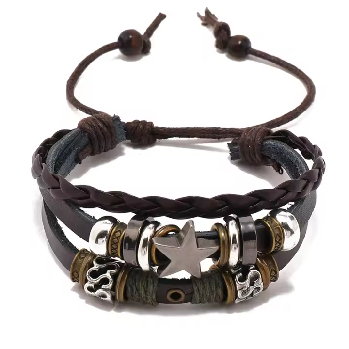 2025Pulsera de cuero estrellas cuentas individuales, joyería occidental minimalista multicapa, regalos para hombre - 1