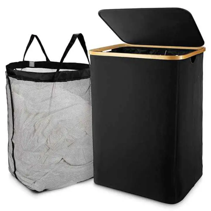 Cesta de lavandería negra con tapa, bolsa de lavandería extraíble, clasificador de ropa sucia para baño y dormitorio - 1