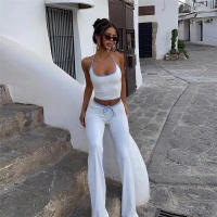 BUNO-Conjunto de 2 piezas con estampado de letras de gato extraño para mujer, Tops cortos ajustados con cuello Halter + pantalón acampanado elástico con cordón, trajes sencillos informales para vacaciones - details 1
