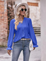 Blusa de gasa de retazos de encaje para mujer, camisa elegante informal de manga larga con cuello en V, trabajo de oficina, moda - details 15