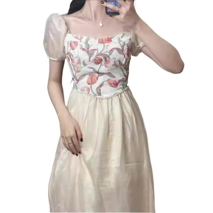 Vestido de Verano de Corto Alzado Estilo Francés de Alta Gama con Cuello Cuadrado - 1