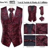 Chaleco ajustado, corbata, bolsillo, gemelos cuadrados, chaleco de seda para hombre, conjunto de corbata para traje, vestido, chalecos florales de cachemira de boda, regalo - details 23