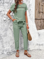 Conjuntos de verano de 2 piezas para mujer, Tops de manga raglán con pantalones, Verde S - details 25