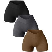 Pantalones cortos de yoga para mujer, pantalones cortos de fitness, pantalones cortos elásticos acanalados con cintura en forma de V de color sólido sin costuras, pantalones cortos con cuerda para saltar - details 1