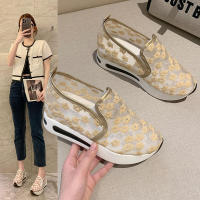 Cuña de malla con lentejuelas para mujer, zapatillas de deporte transpirables con plataforma de oro blanco, zapatos casuales que aumentan la altura - details 16