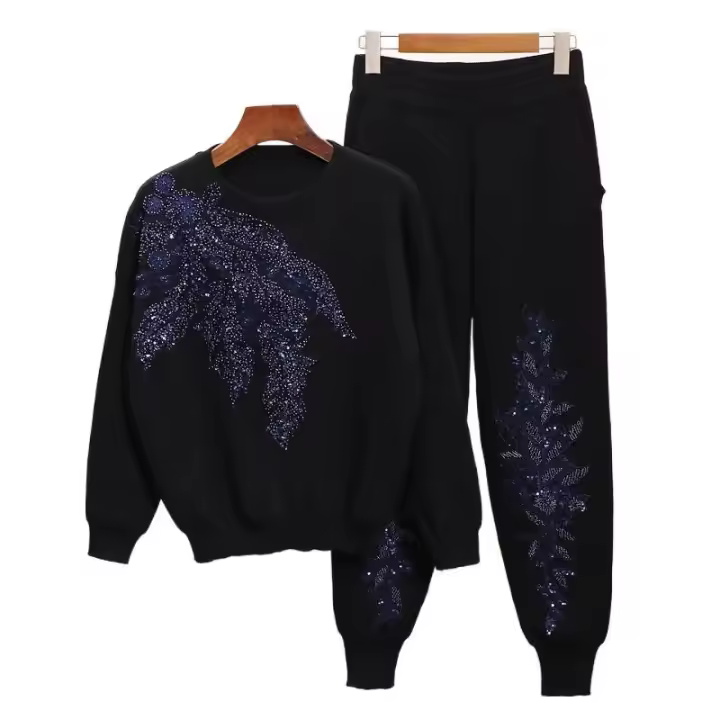 Chándal de mujer con bordado de cuentas de flores, suéter casual, top, pantalones largos de punto, traje de otoño e invierno - 1